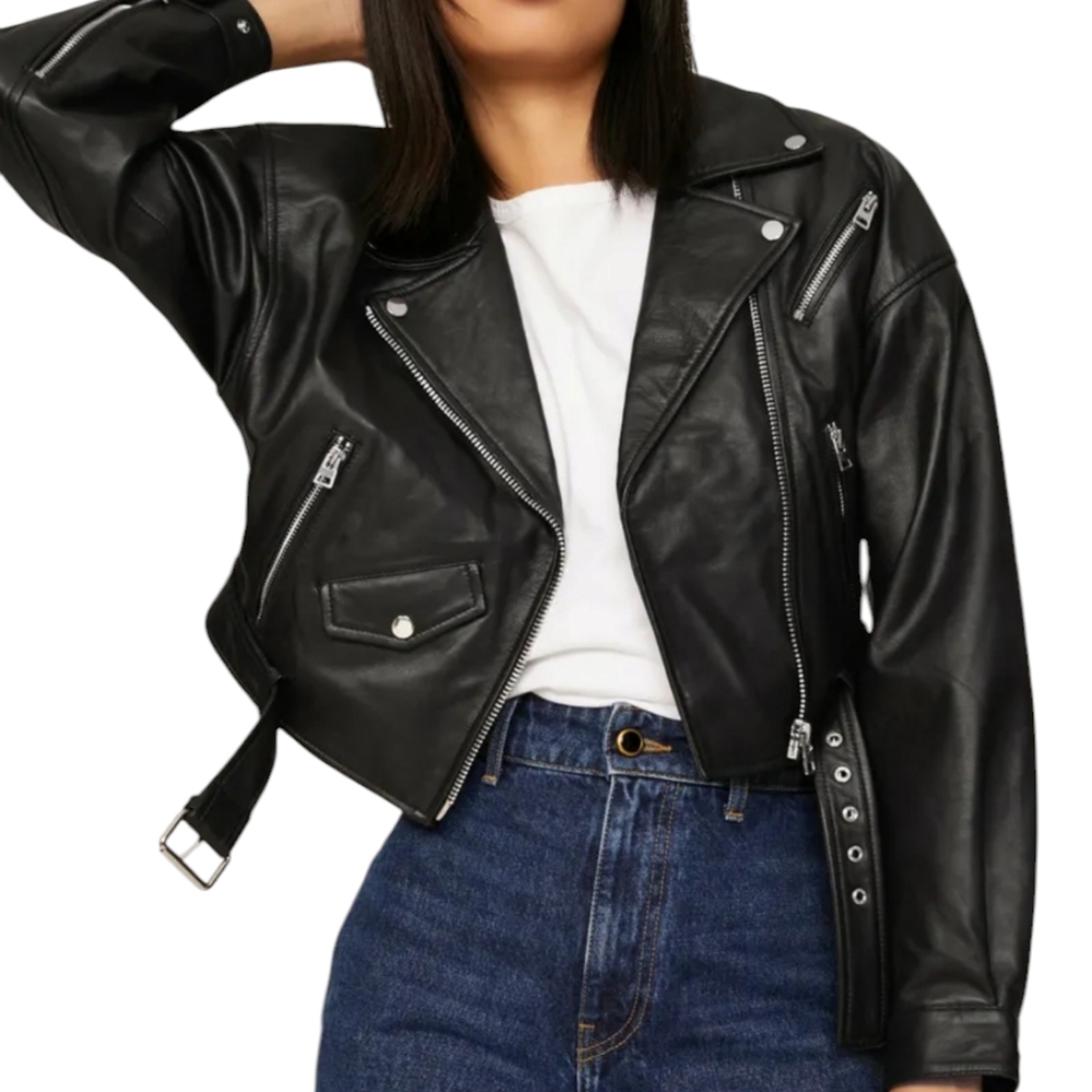 Slate & Willow Black Leather Cropped Moto Jacket